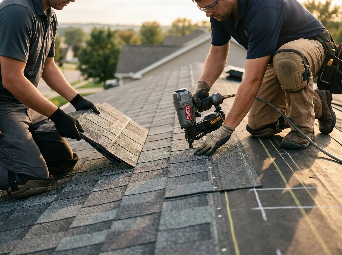 Professional roofer working on a residential roof in South Berwick